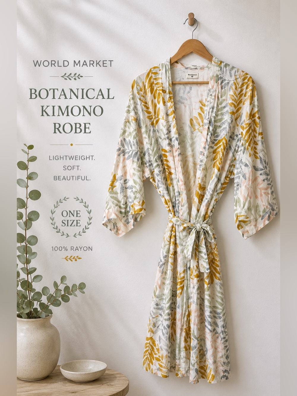 World Market Botanical Leaf Print Rayon Kimono Robe One Size